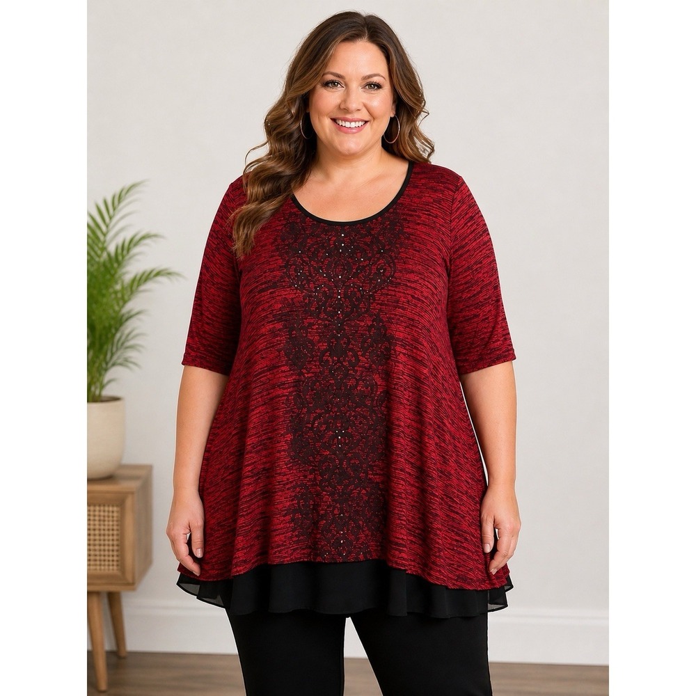 Catherines Women's 2X Lagenlook Red Black Studded Scroll Top Flowy Plus Size Top